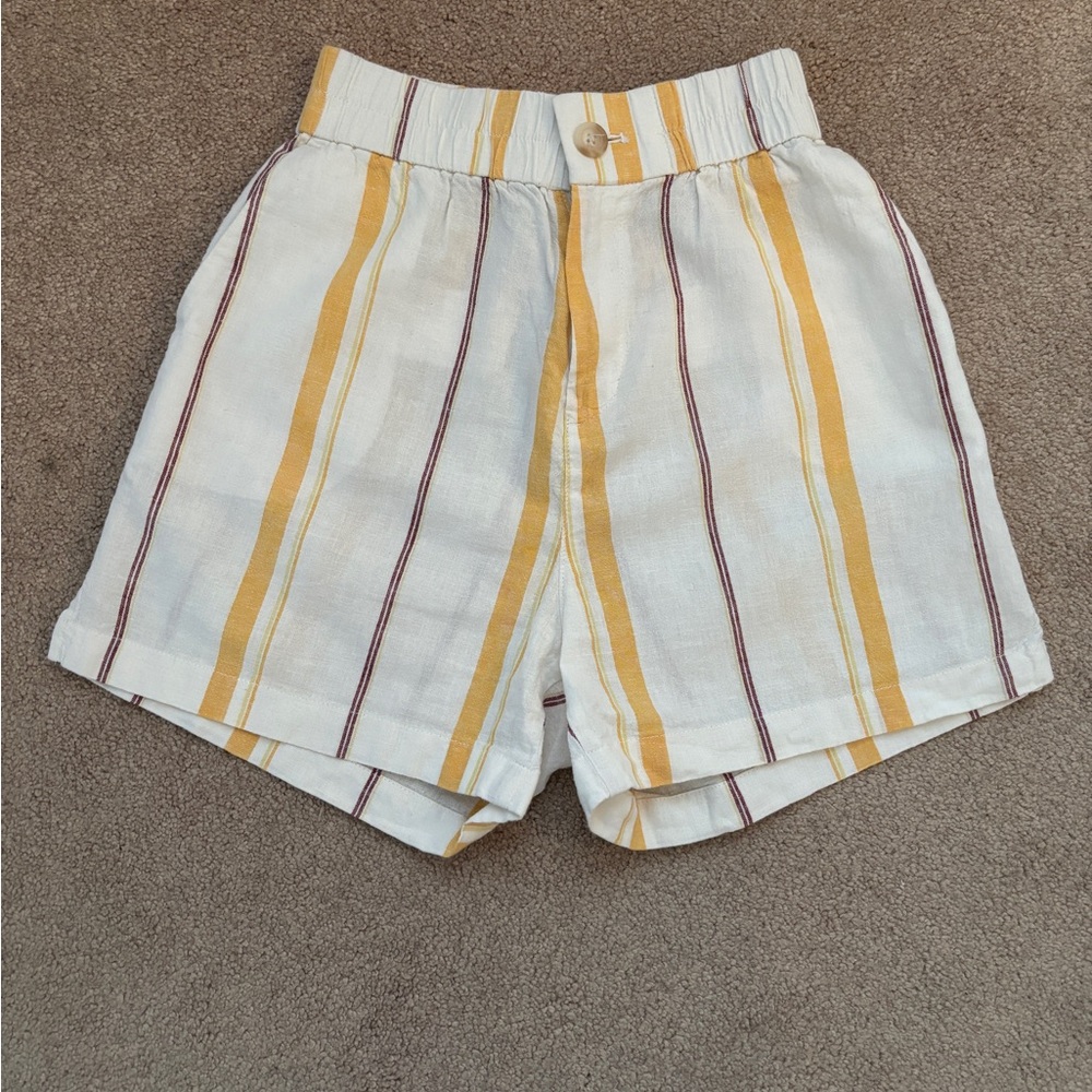 High Waist Striped Linen Women's Shorts - Yellow and Dark Red